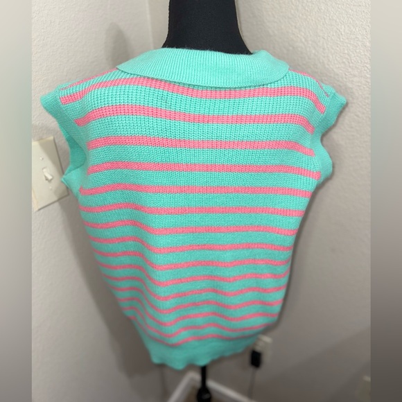 BIBI‎ Turquoise & Pink Striped Henley Sleeveless Sweater Top With Buttons - Picture 5 of 7